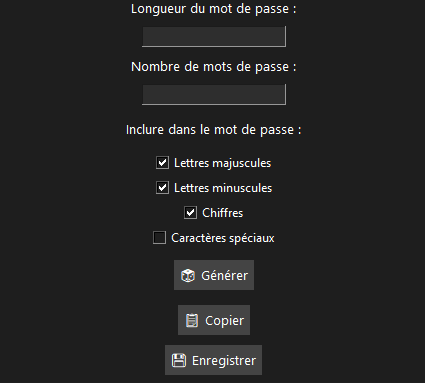 Interface du générateur de mots de passe